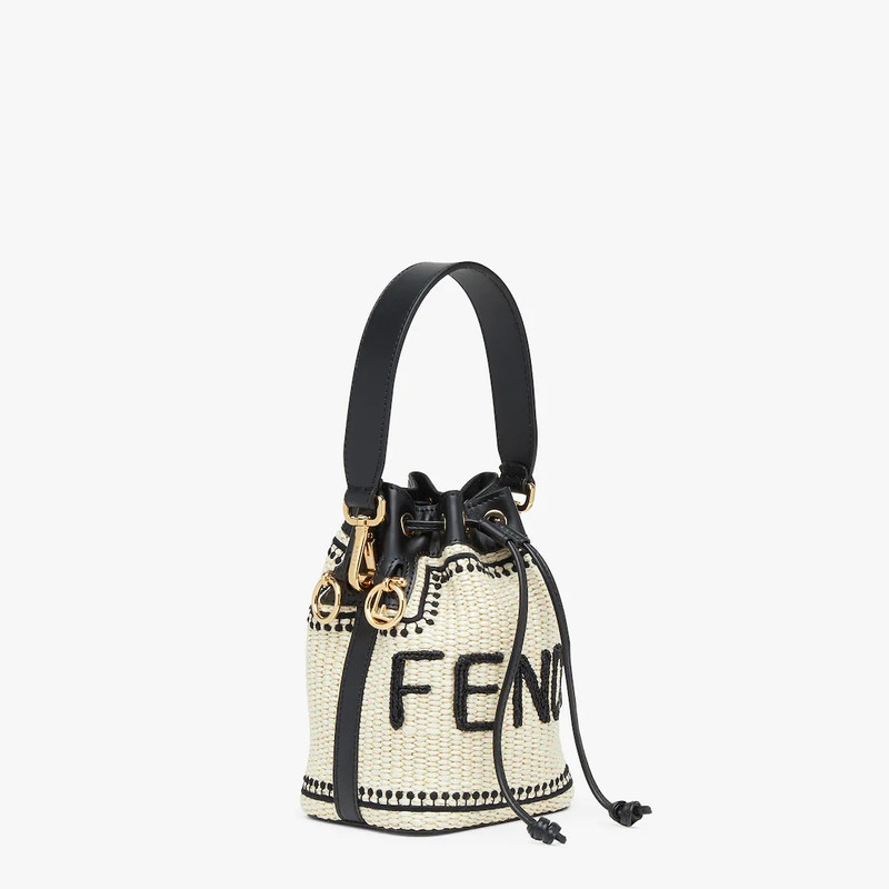 FENDI Small Mon Tresor bucket bag made of natural-colored woven straw with a moss-stitch effect, with blac outlook
