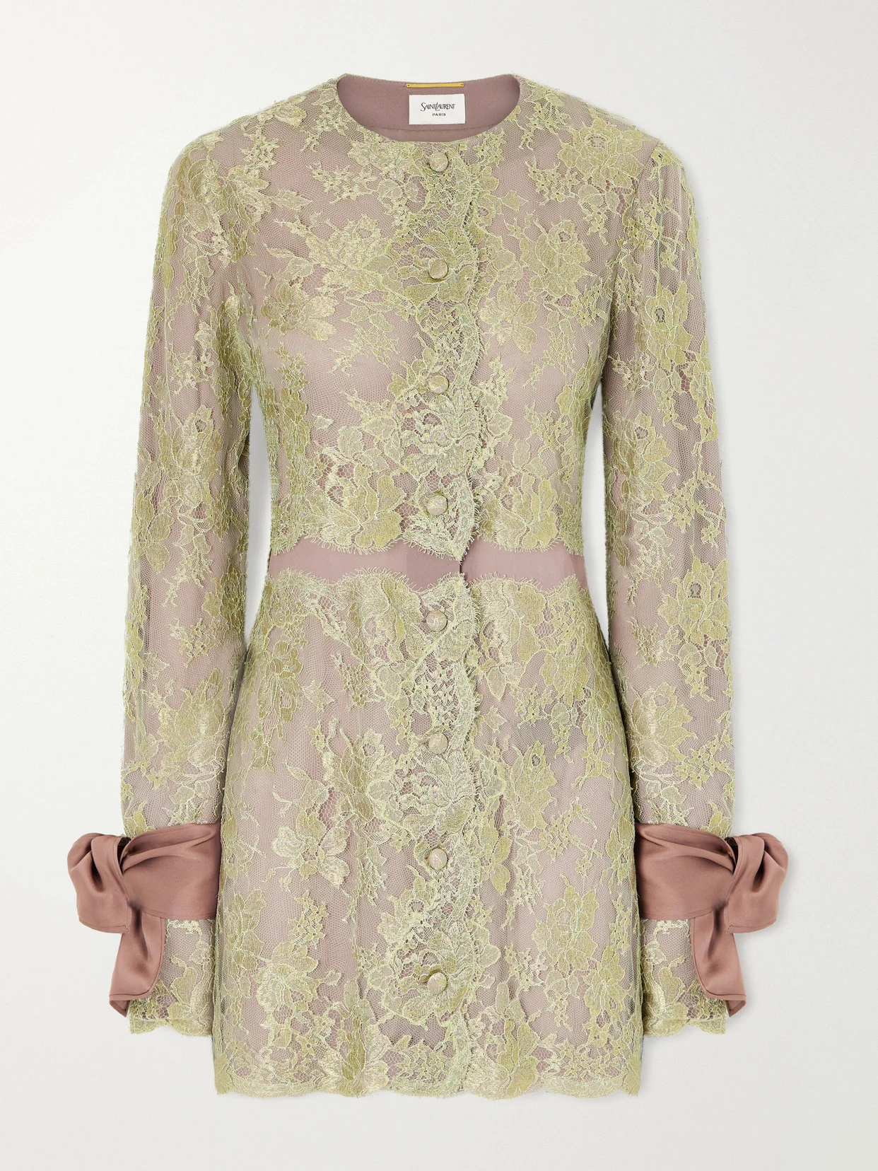 Scalloped Satin-trimmed Metallic Lace And Crepe Mini Dress - 1