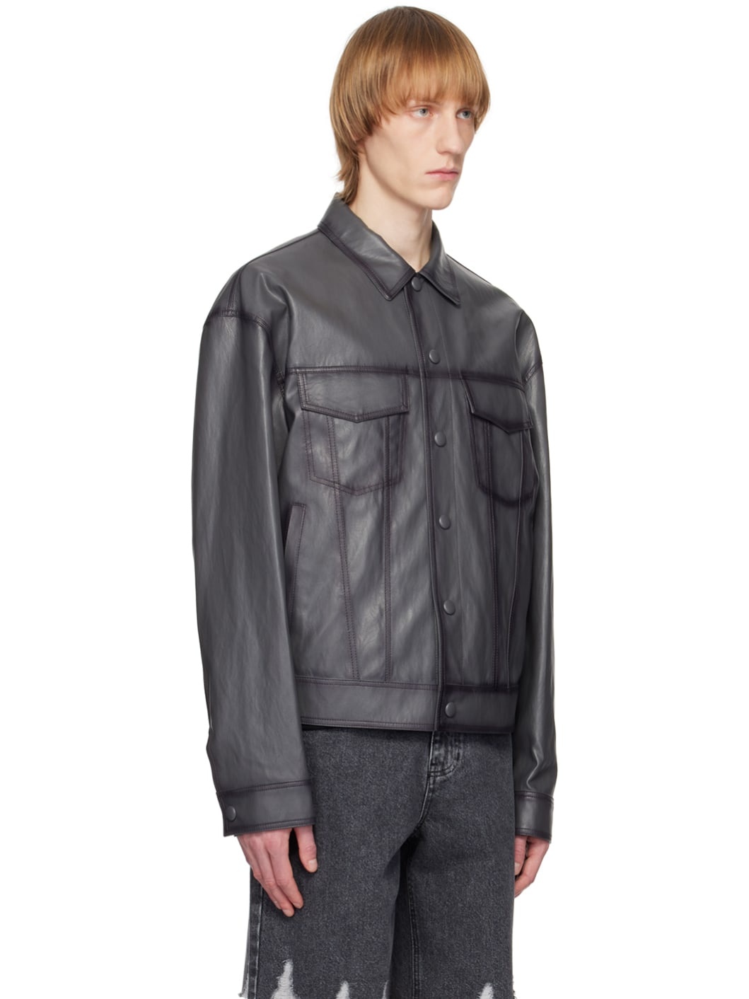 Gray Spread Collar Faux-Leather Jacket - 2