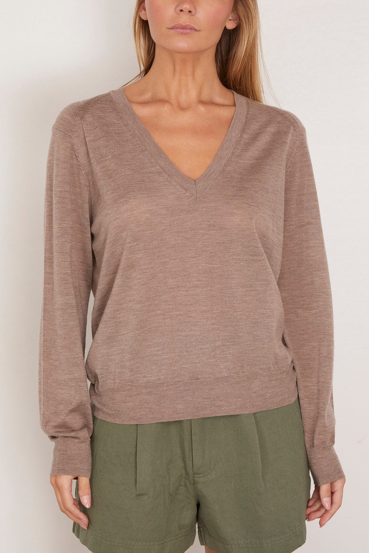 Julio V Neck Fine Knit Sweater in Taupe Melange - 3