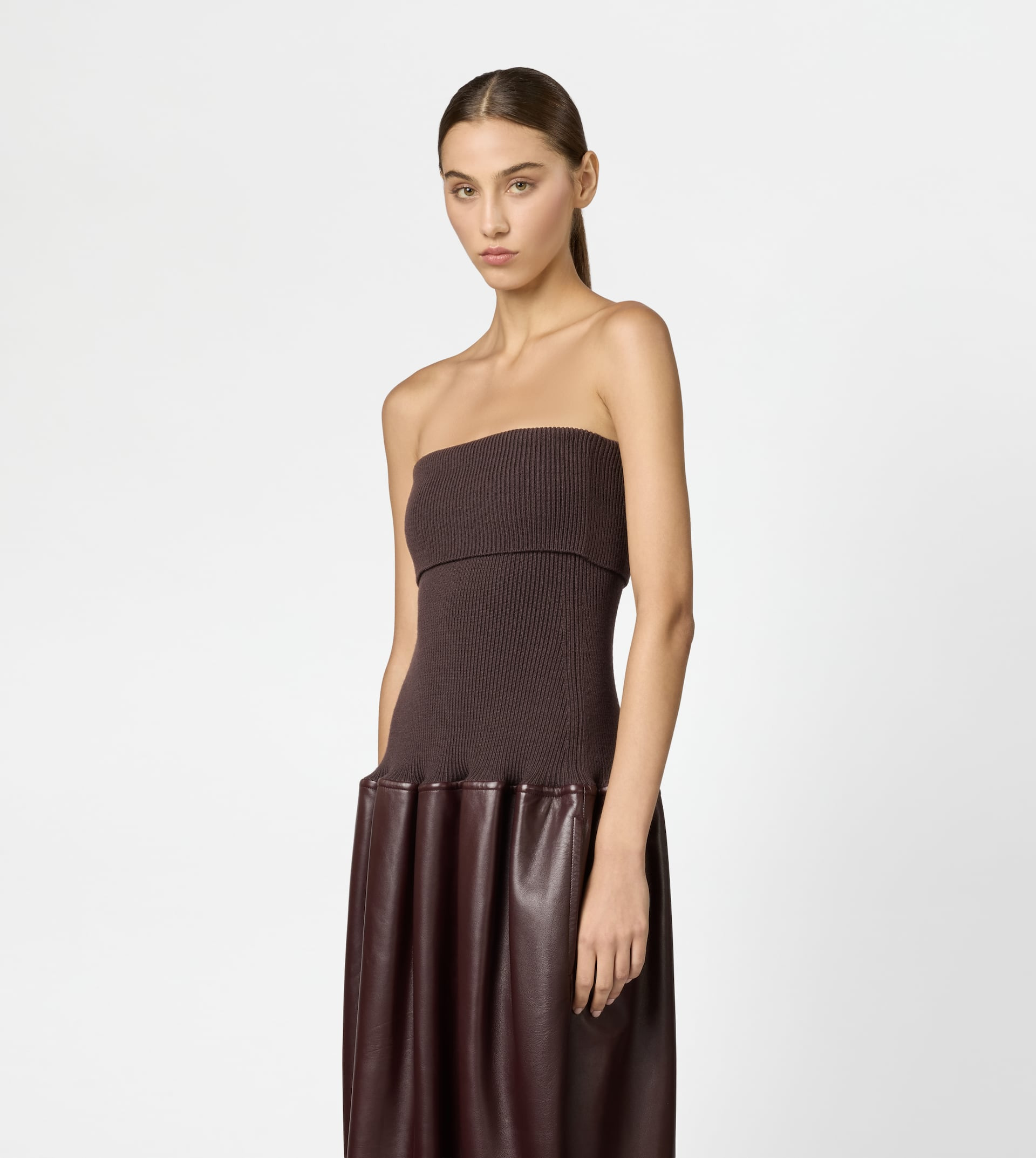 DRESS IN WOOL AND LEATHER - BURGUNDY - 4
