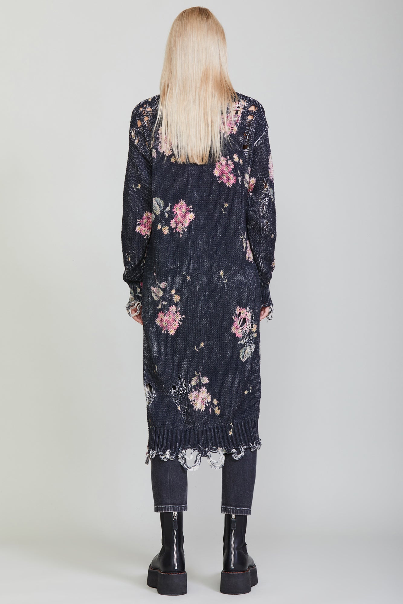 DISTRESSED LONG CARDIGAN - FLORAL ON BLACK - 3