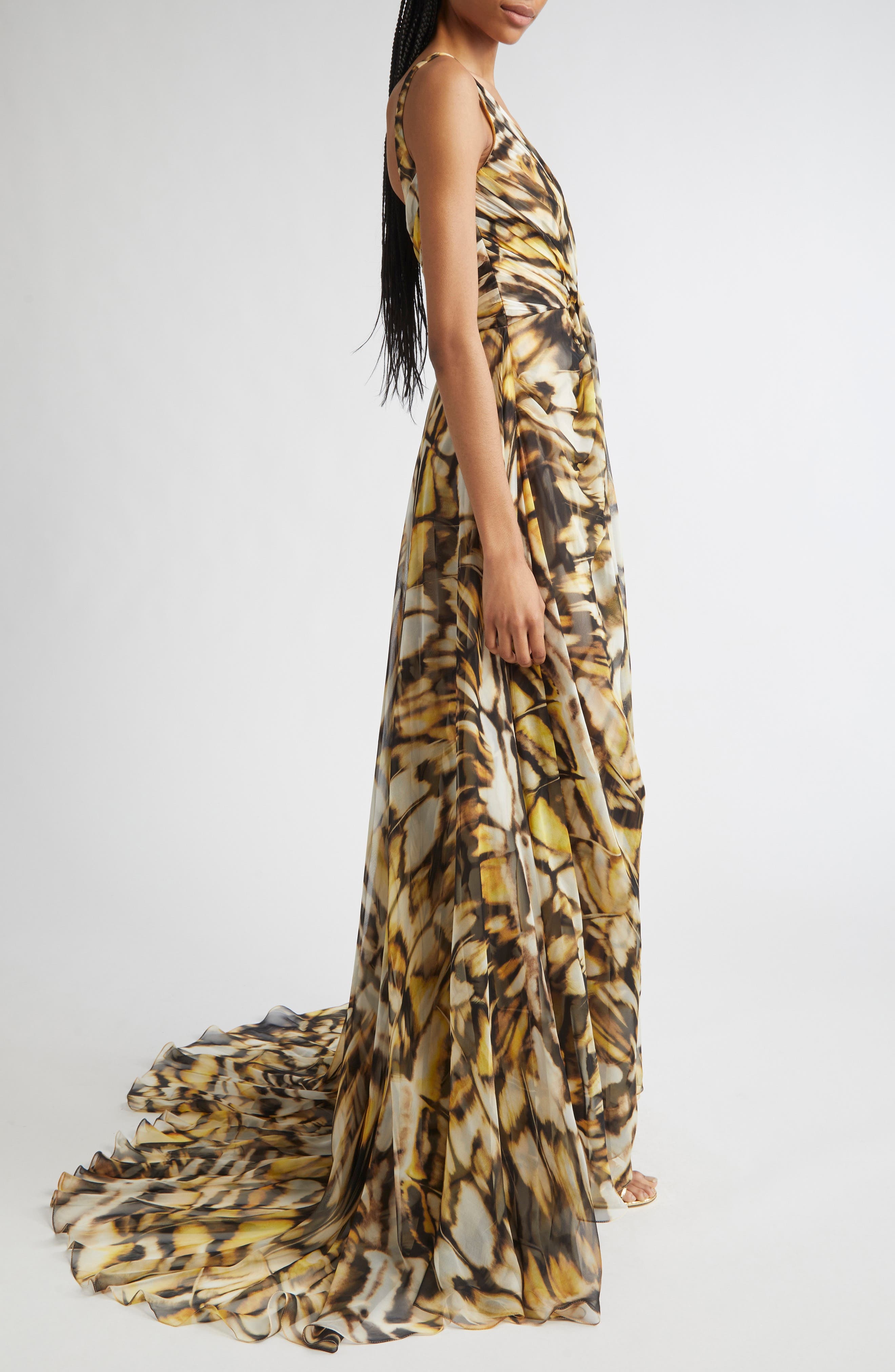 Oscar de la Renta Butterfly Print Draped Silk Chiffon Gown in Black Multi at Nordstrom - 3