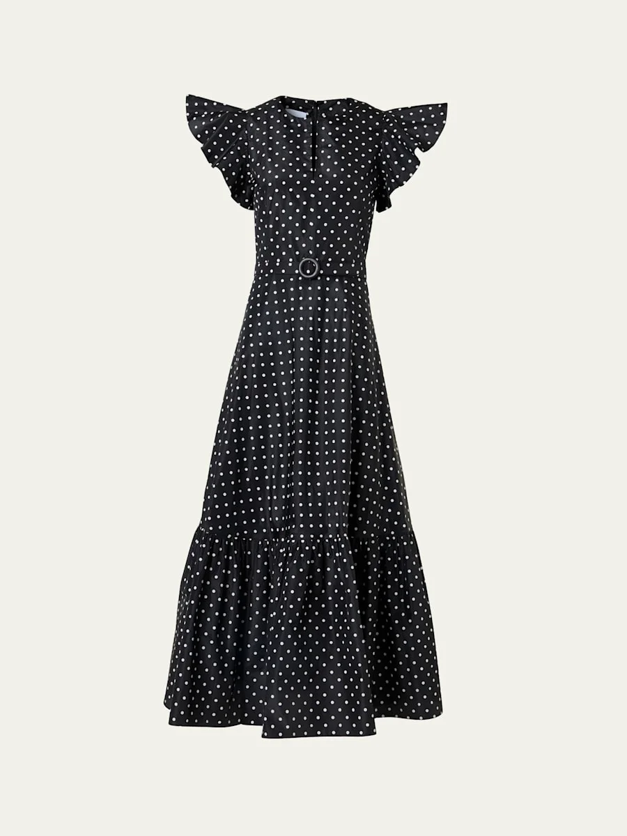 Belted Polka Dot Flutter-Sleeve Dress - 1