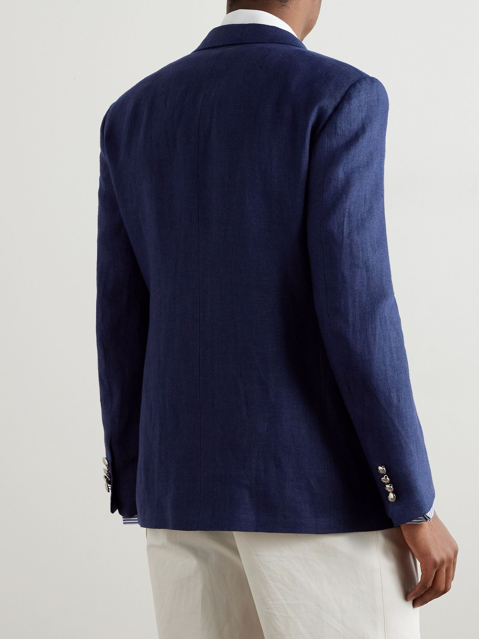 Double-Breasted Satin-Trimmed Linen-Canvas Blazer Navy - 3