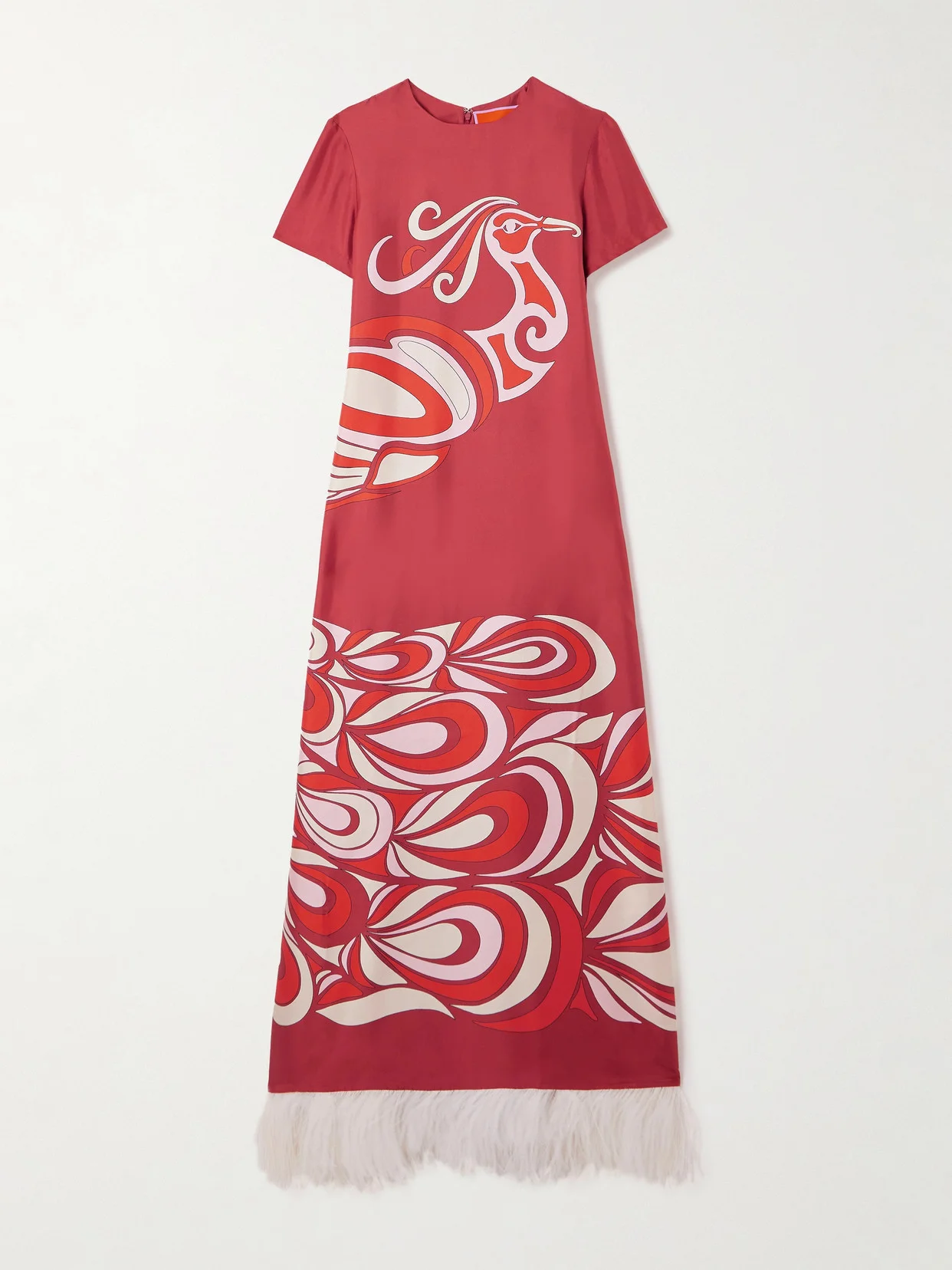 Swing Feather-trimmed Printed Silk-twill Maxi Dress - 1