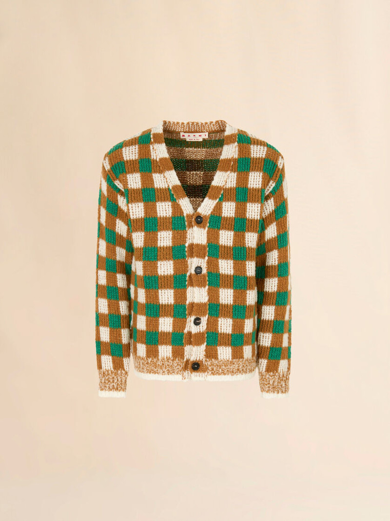 GREEN WOOL AND MOHAIR CARDIGAN WITH CHECKERBOARD MOTIF 1