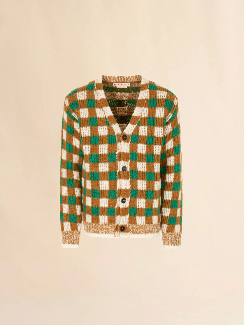 GREEN WOOL AND MOHAIR CARDIGAN WITH CHECKERBOARD MOTIF - 1