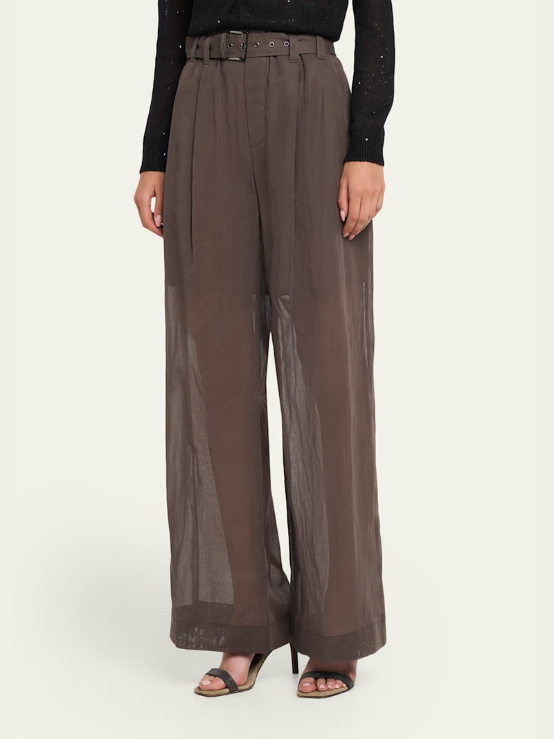 Sheer Cotton Voile Wide-Leg Pants With Belt 4