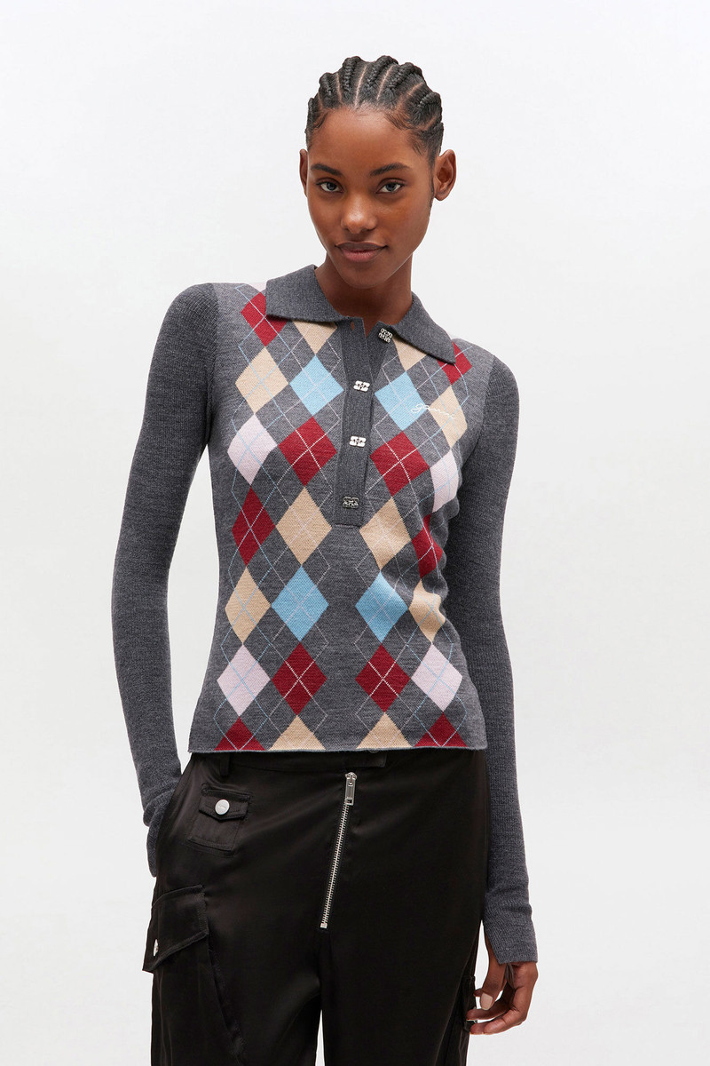 GANNI DARK GREY KNITTED POLO SHIRT outlook