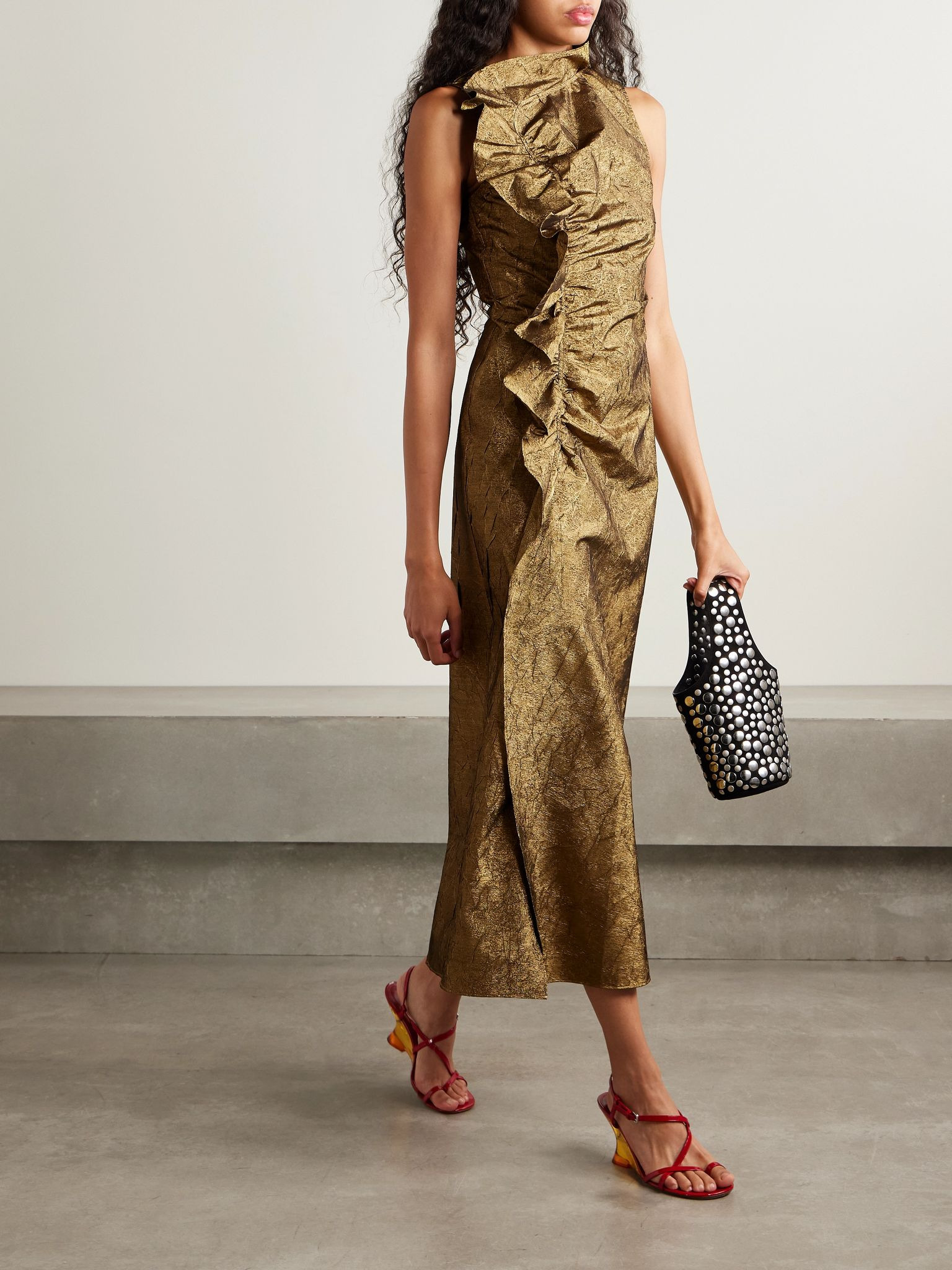 Demetria ruffled ruched metallic crinkled-taffeta midi dress Gold - 2