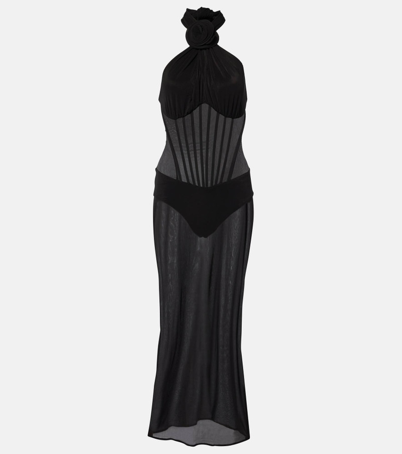 Floral-appliqué sheer cocktail dress - 1