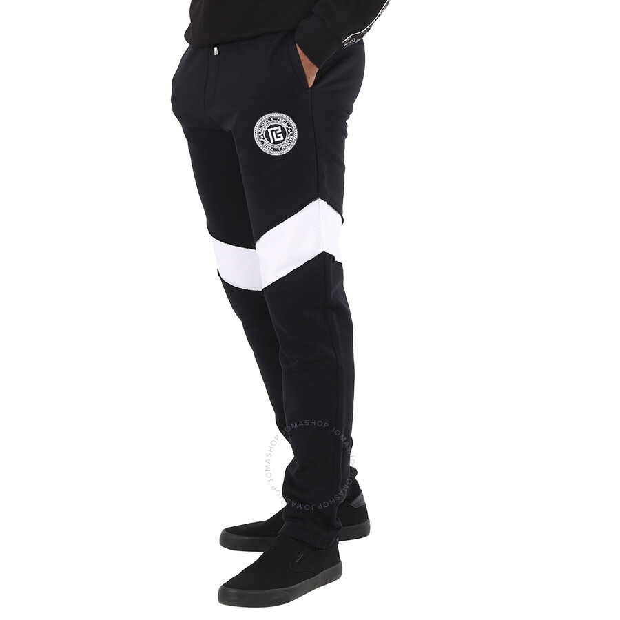 Balmain Men's Black/White Monogram-patch Cotton Joggers - 5