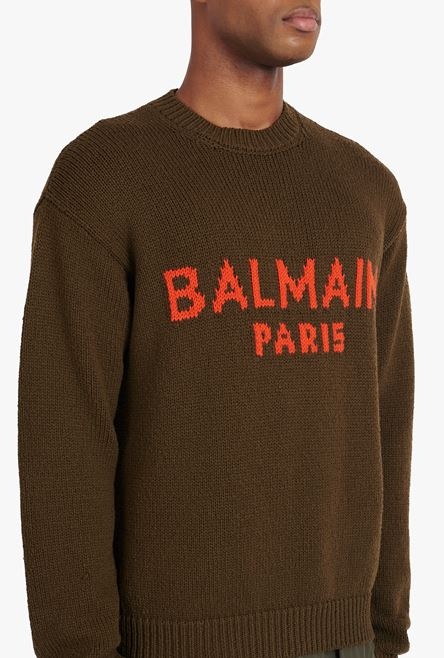 Khaki wool sweater with orange Balmain Paris logo - 6