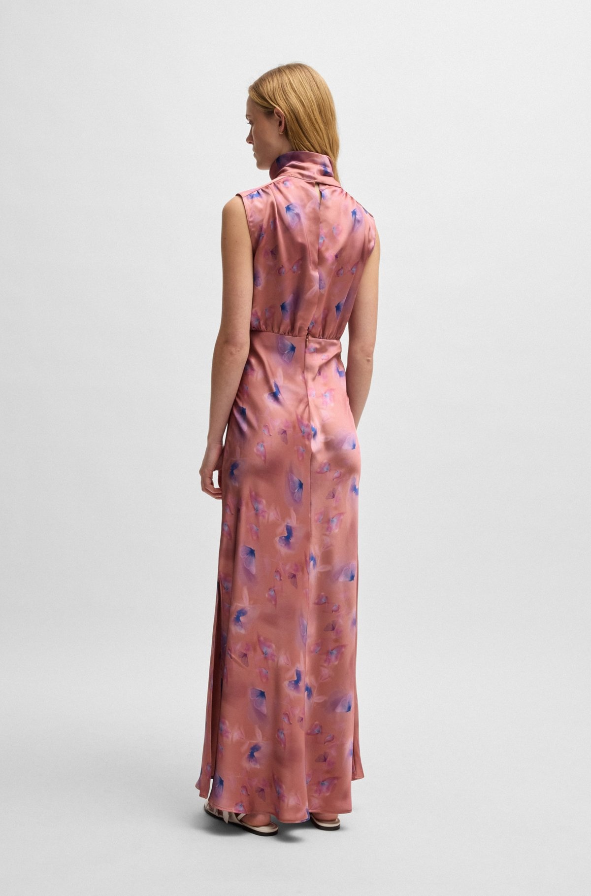 HIGH-NECK BUTTERFLY-PRINT MAXI DRESS IN SOFT SATIN - 4