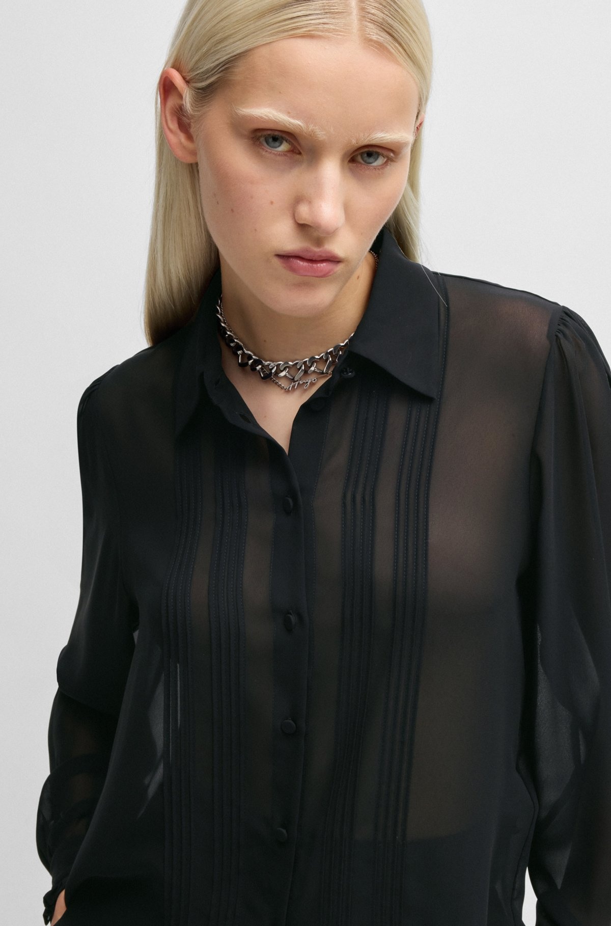 SHEER CHIFFON BLOUSE WITH FRONT PLEATS - 4