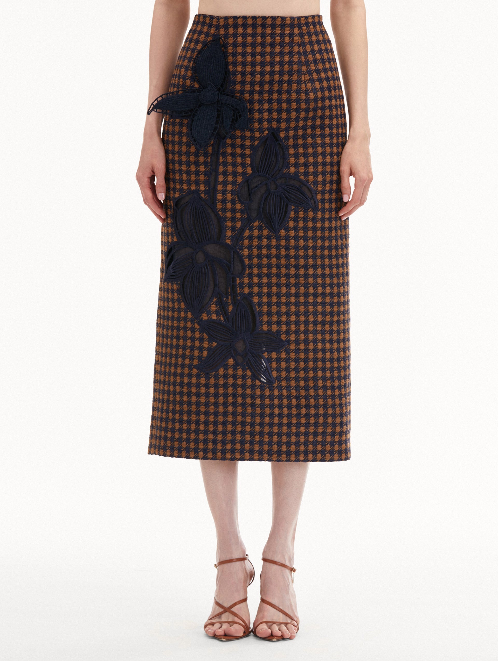 CHECK TWEED ORCHID EMBROIDERED PENCIL SKIRT - 5