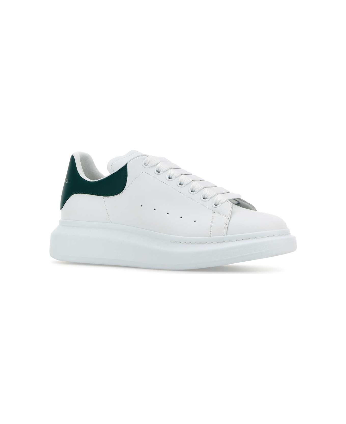 White Leather Sneakers With Dark Green Leather Heel - 2