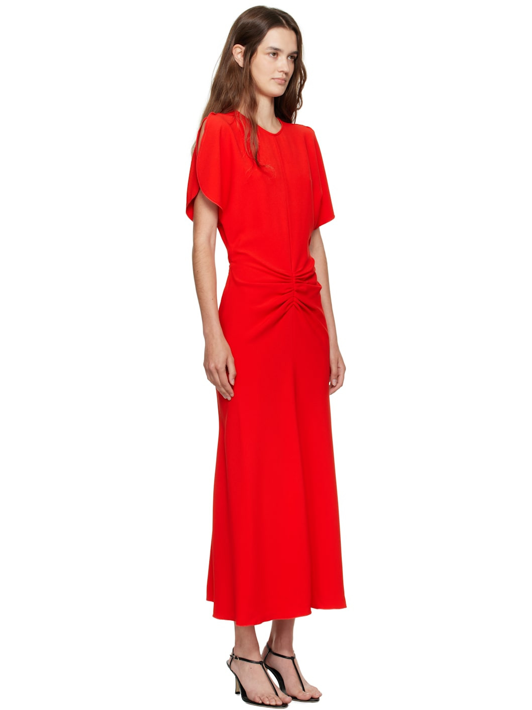 Red Gathered Waist Midi Dress - 2