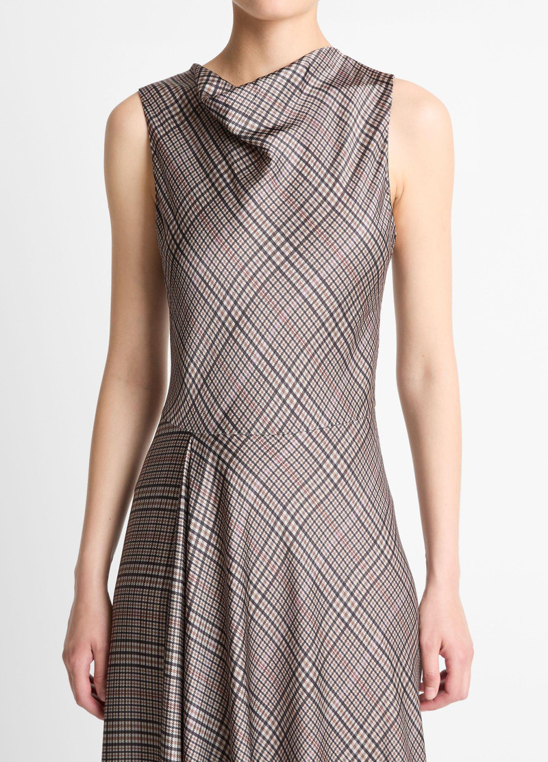 Pressed Plaid Satin Cowl-Neck Dress 4
