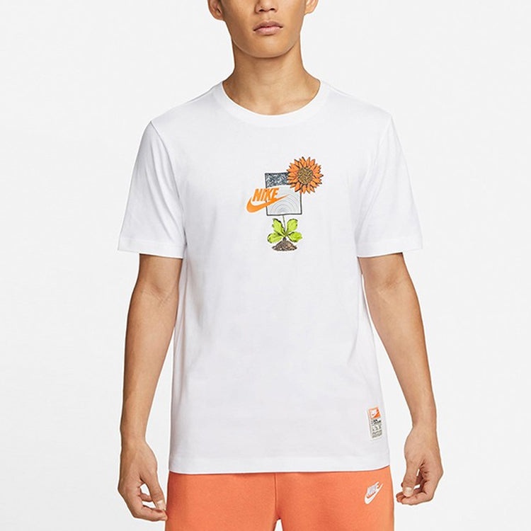 Men's Nike Logo Plant Pattern Cartoon Printing Round Neck Casual Short Sleeve White T-Shirt DQ1034-1 - 4