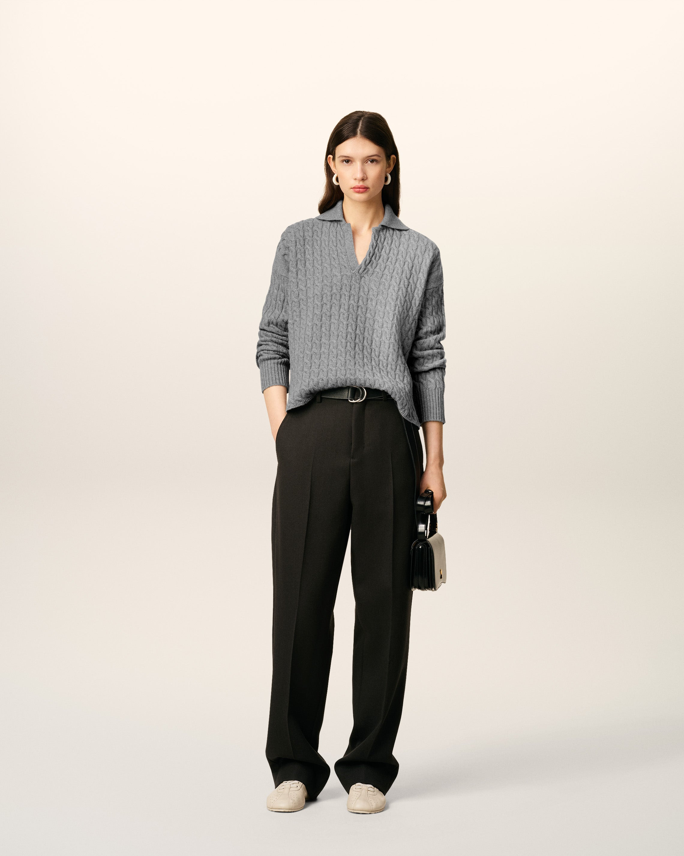 GREY WOOL CABLES KNIT POLO - 2