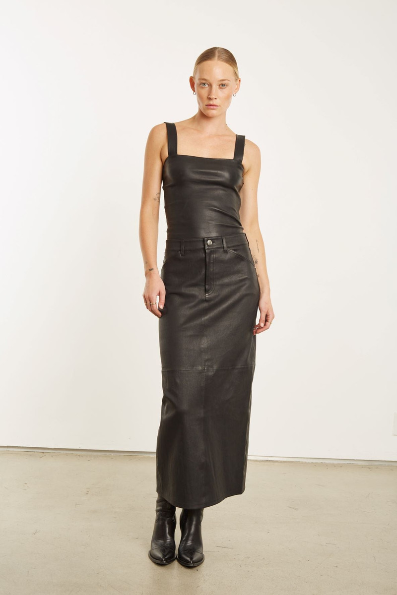 BLACK LEATHER 5 POCKET LONG SKIRT 1