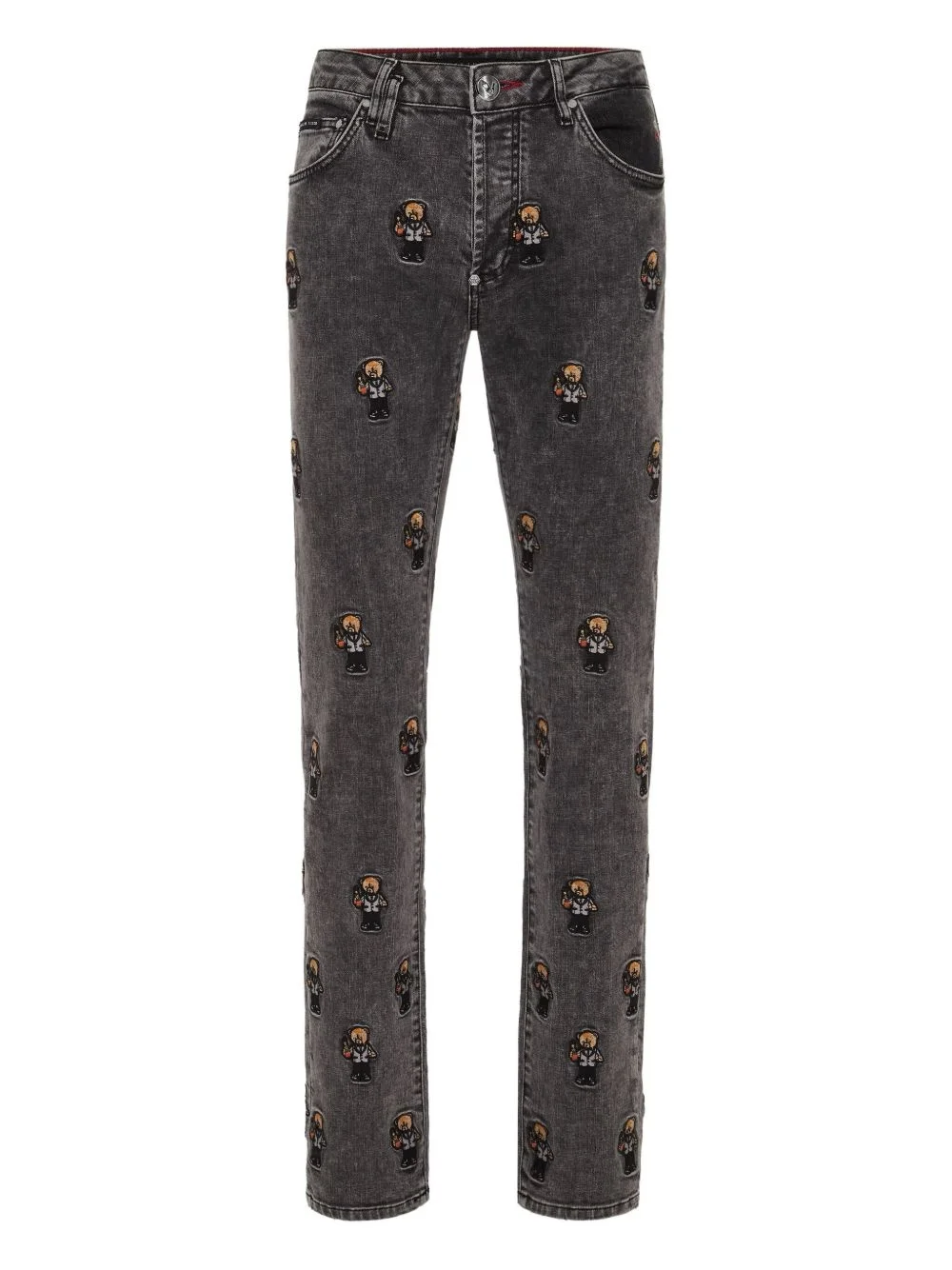 bear-embroidered jeans - 1