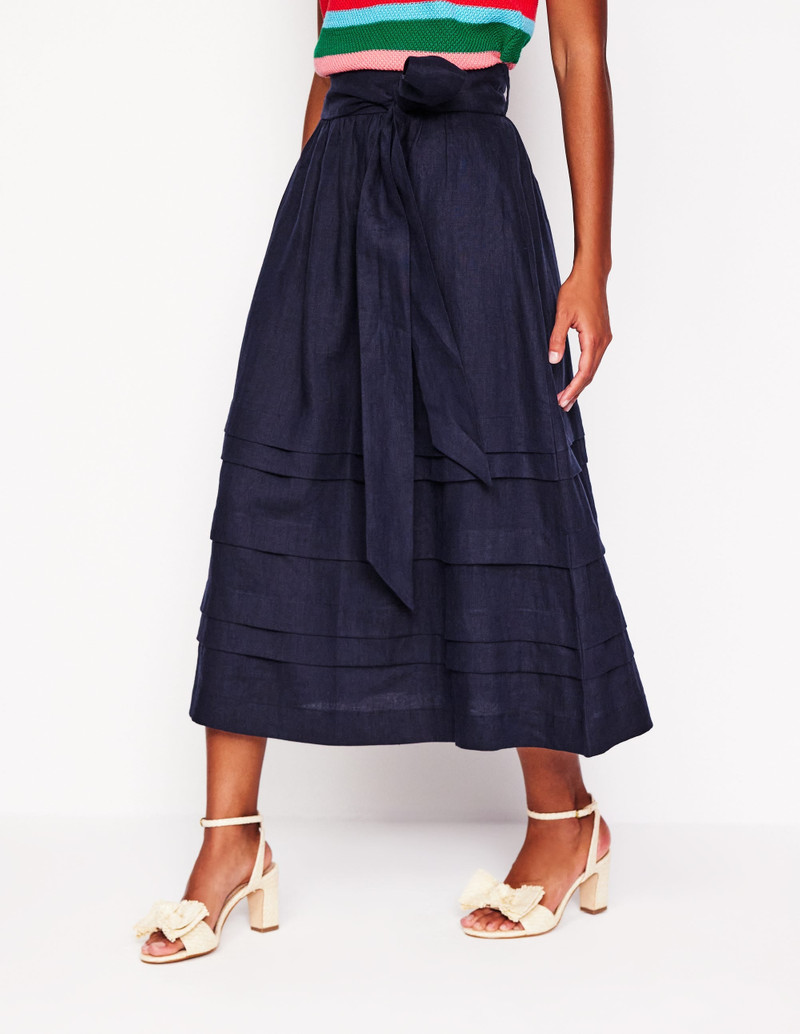 Pintuck Linen Midi Skirt-Navy 5