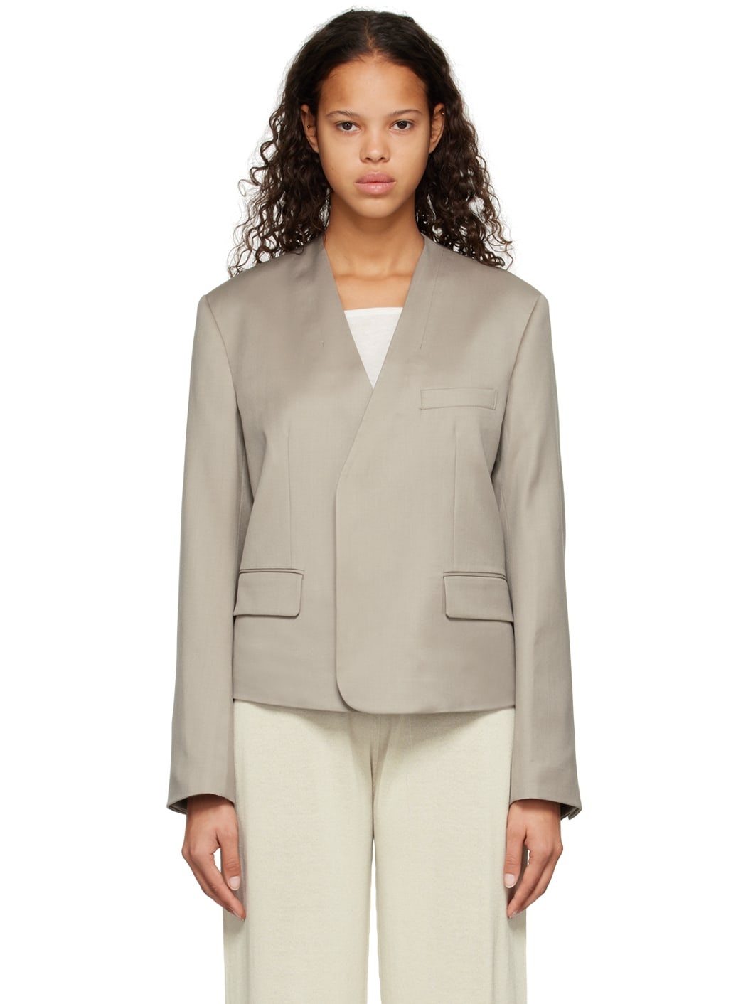 Beige Y-Neck Blazer - 1