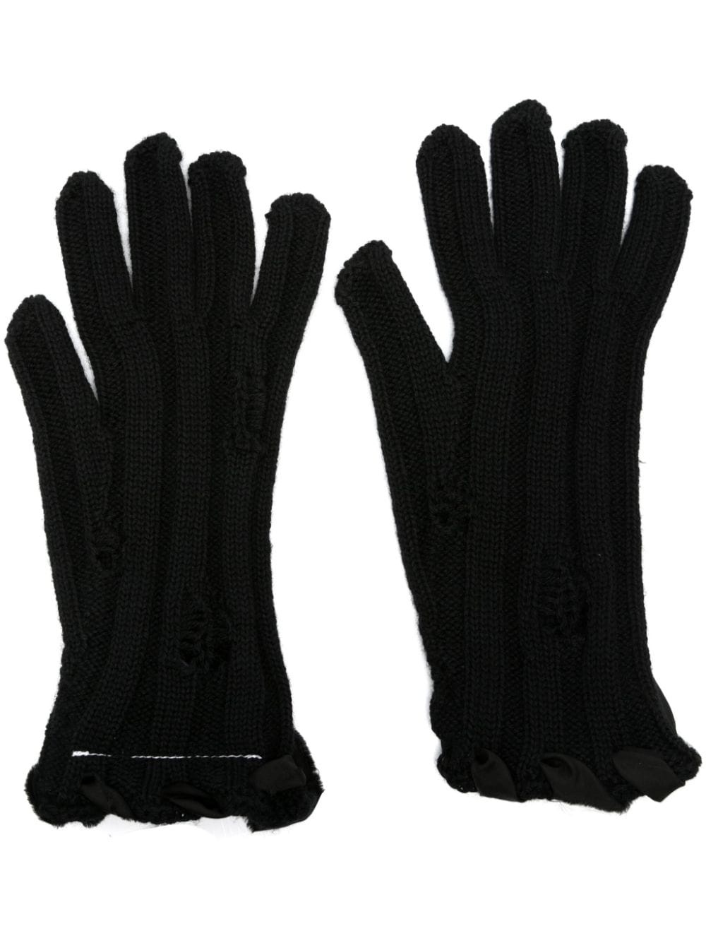 distressed ribbed-knit gloves - 1