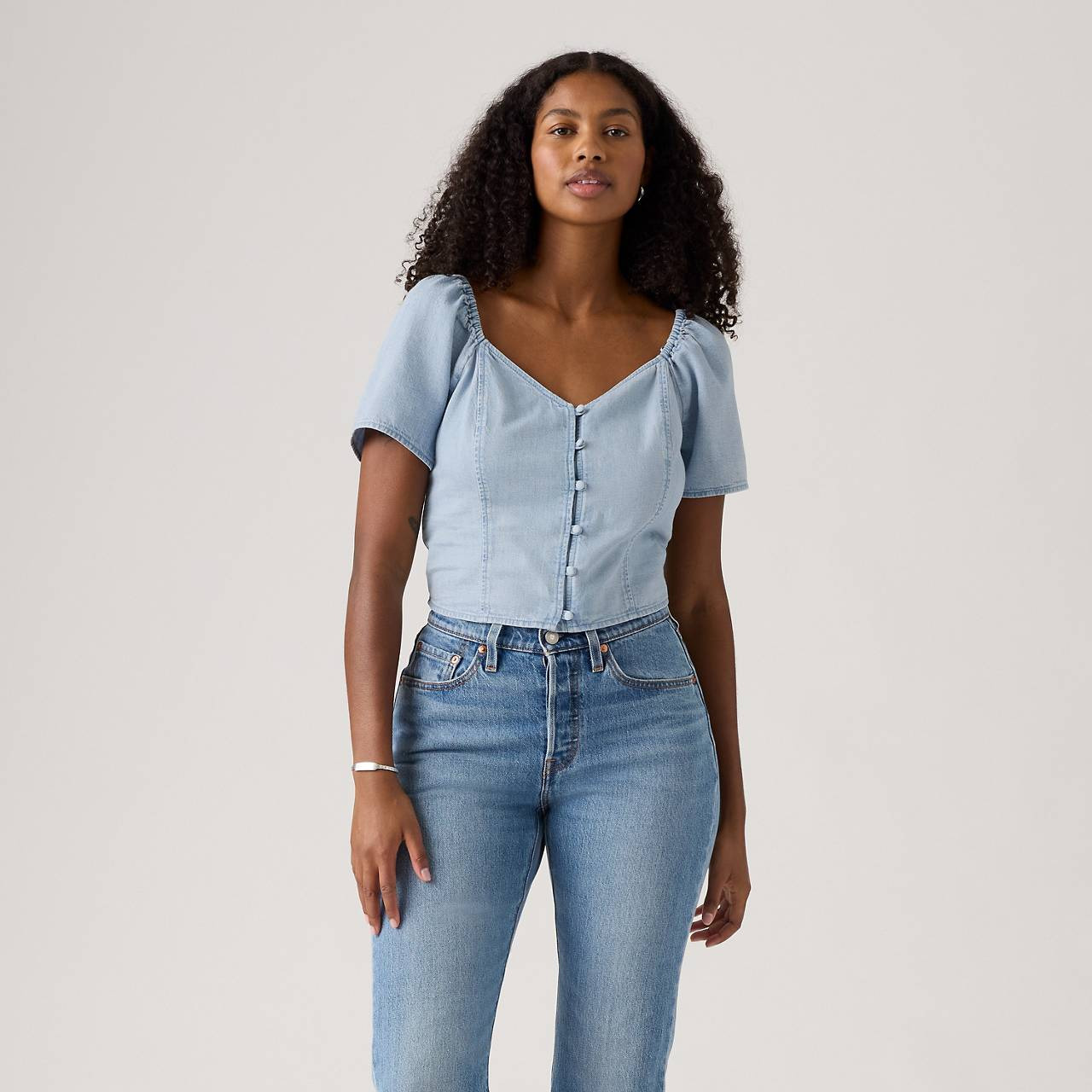 KIERRA SHORT-SLEEVE DENIM BLOUSE - 2