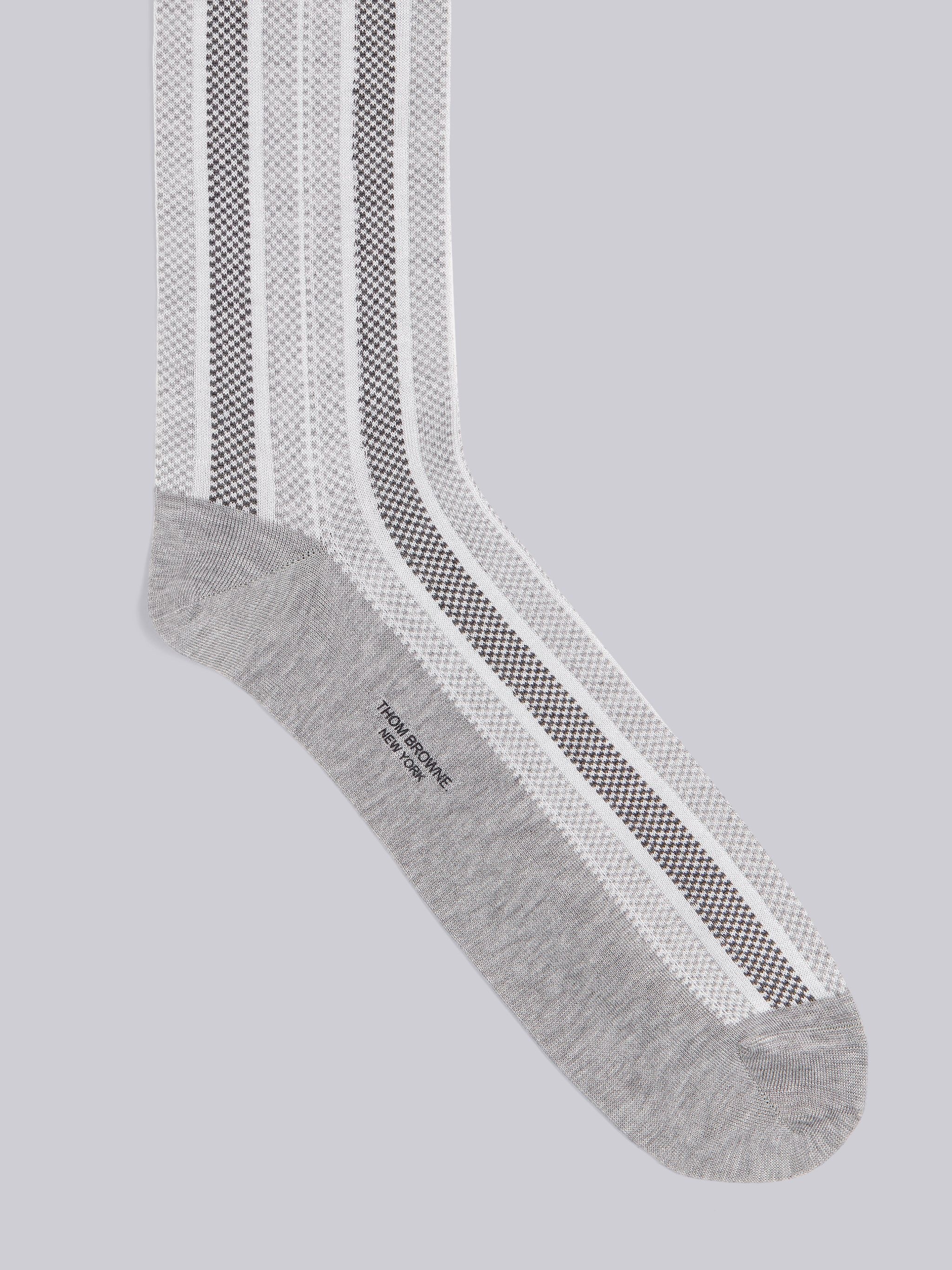 Tonal Grey Mercerized Cotton Stripe Jacquard Mid-calf Socks - 2