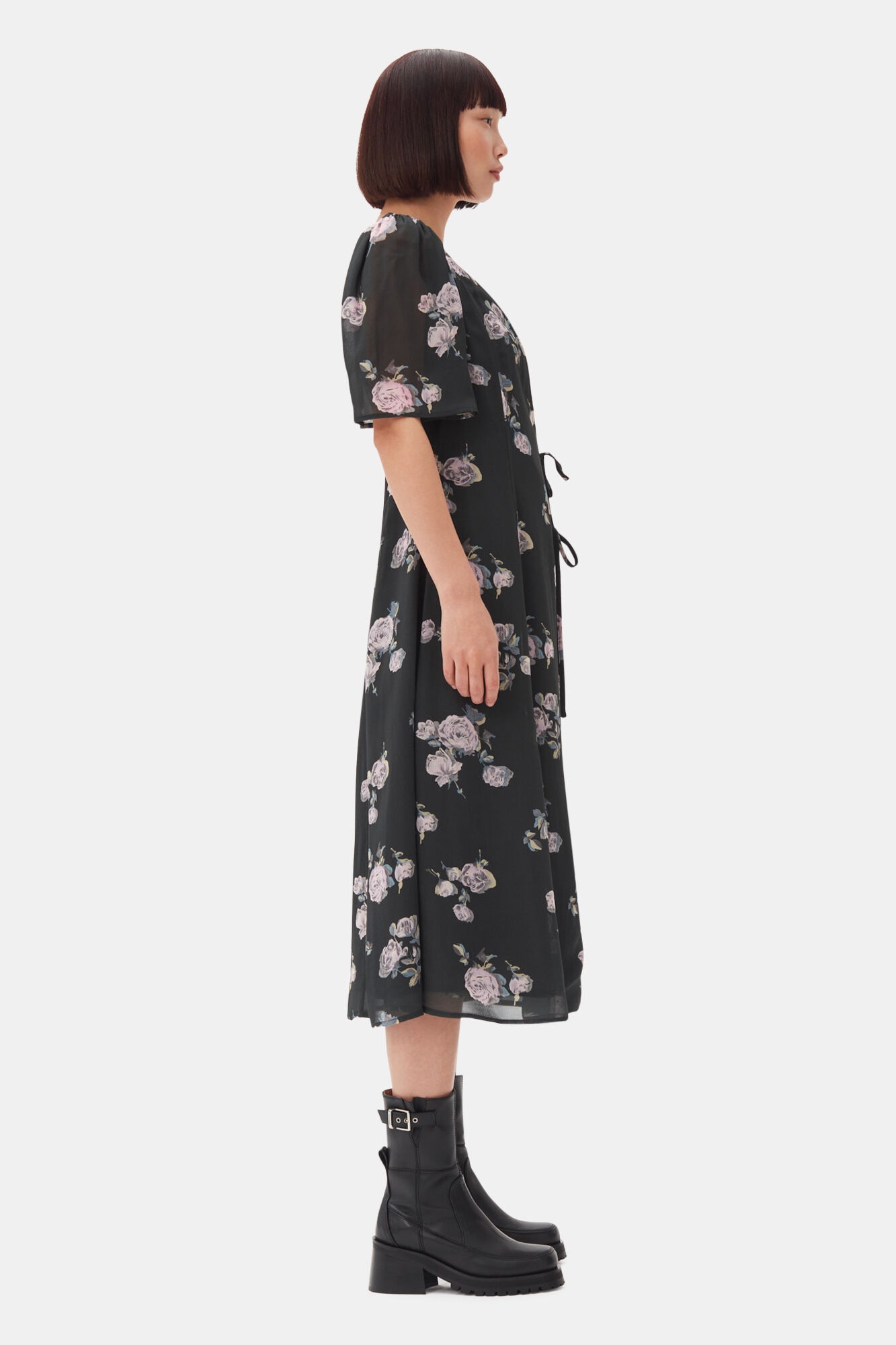 BLACK FLORAL CREPE WRAP MIDI DRESS - 4