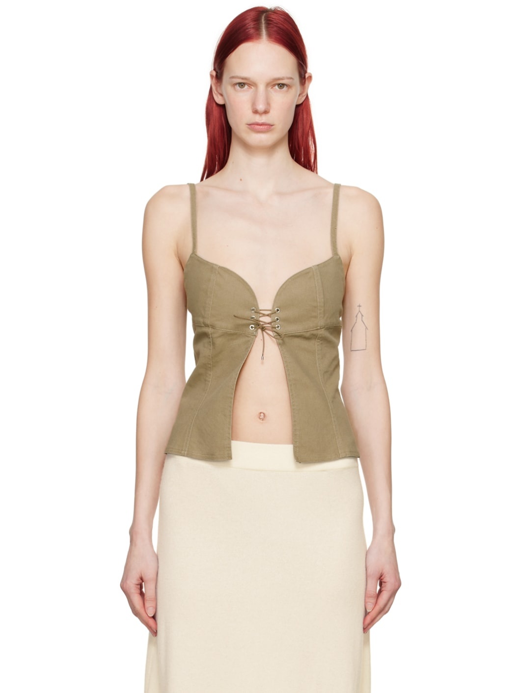Beige Cleavage Denim Tank Top - 1