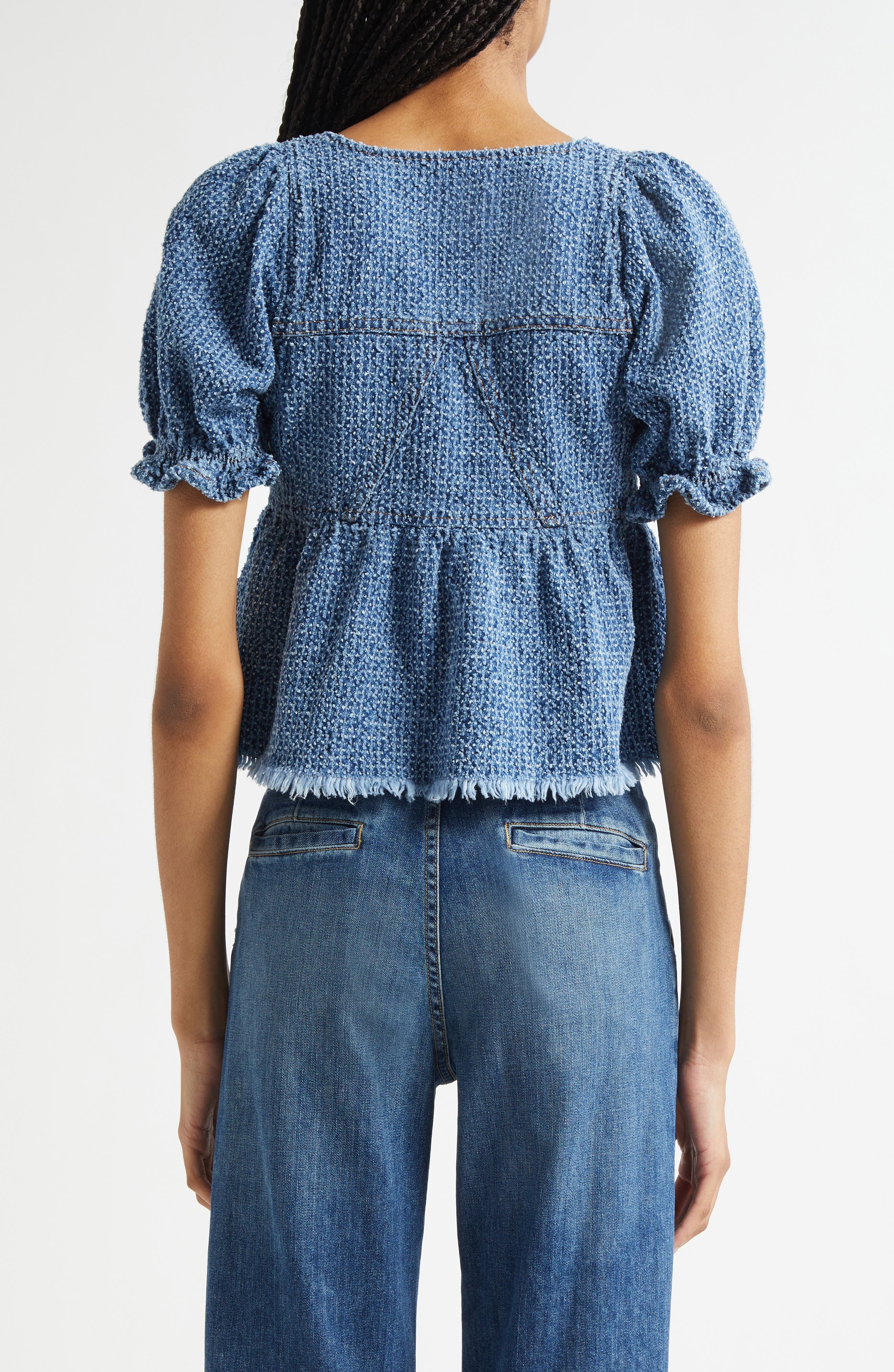 Ganni Fluffy Metallic Denim Top in Mid Blue Stone at Nordstrom - 2