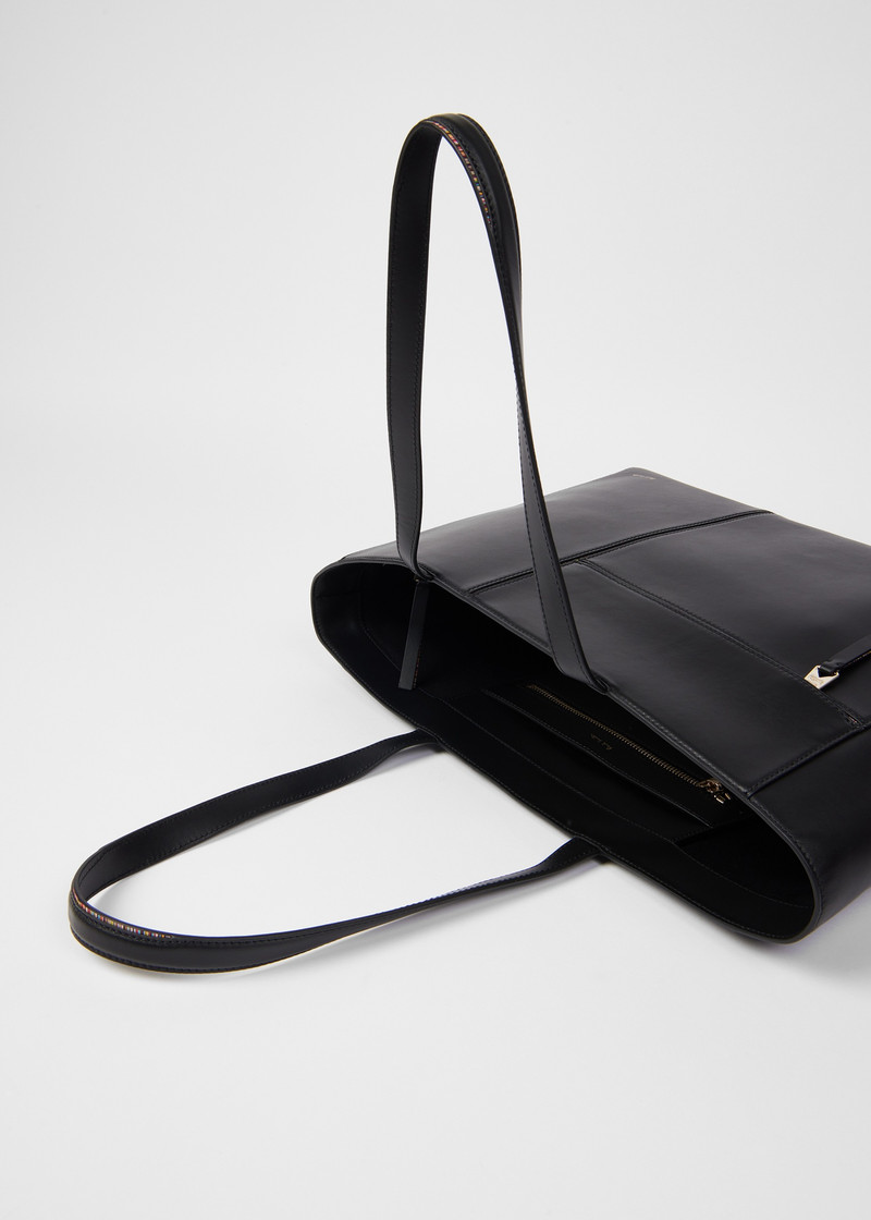 Women's Black Leather 'Signature Stripe' Trim Tote Bag 4