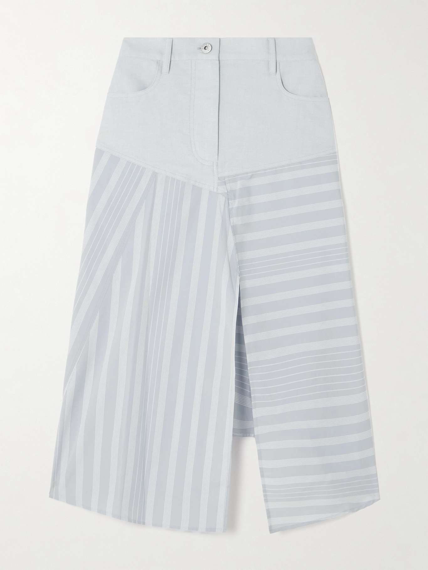 Asymmetric striped patchwork cotton-poplin and denim midi skirt - 1