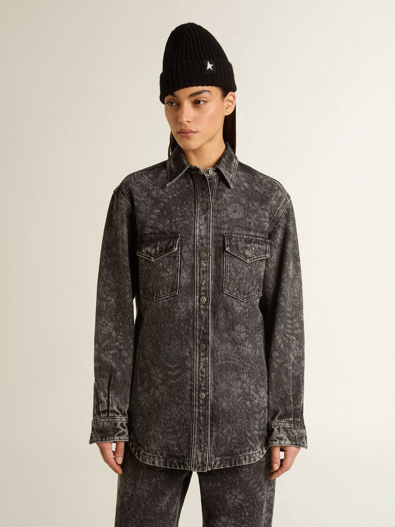 Golden Goose Women's black denim shirt with ton sur ton floral pattern outlook