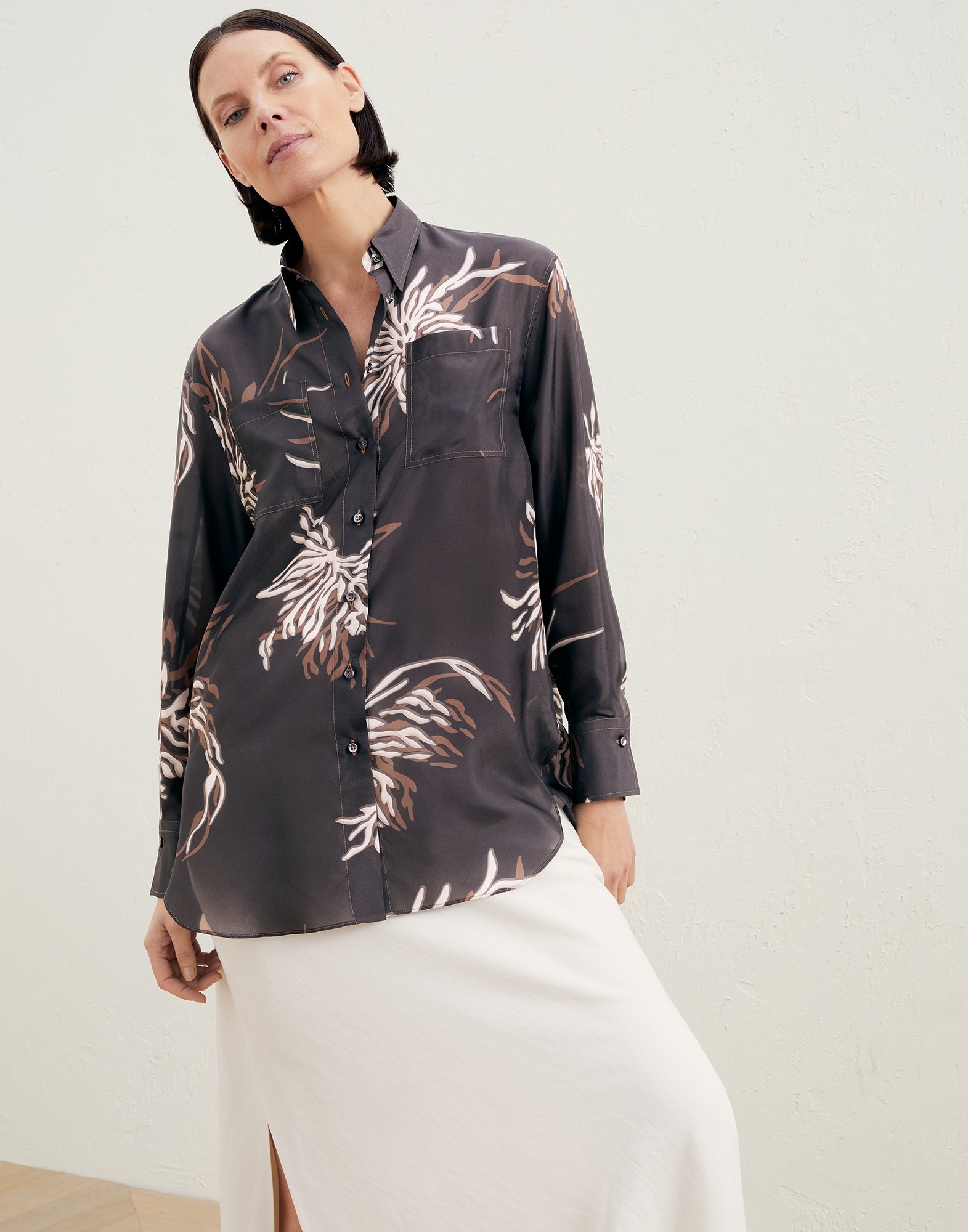 Silk marine flower pongee shirt with monili - 1