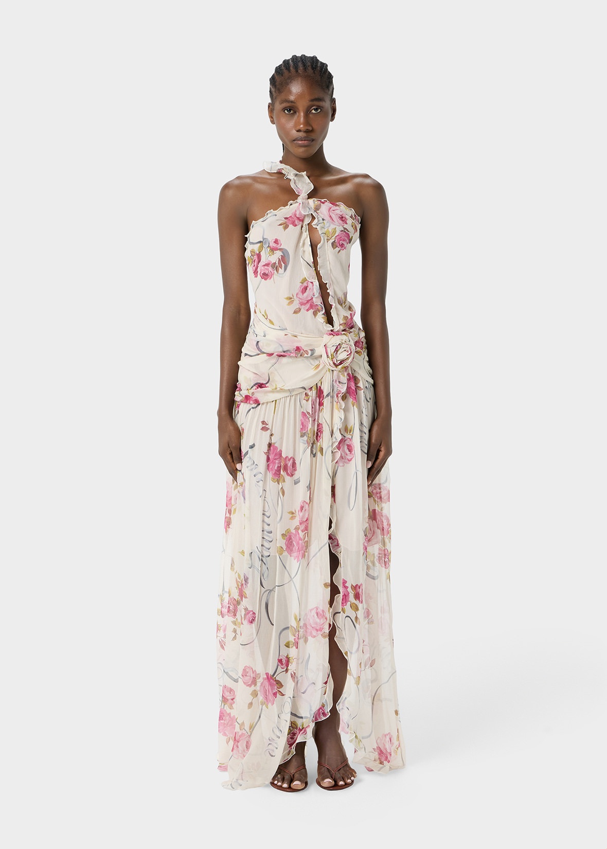 ONE-SHOULDER DRESS IN CREPONNE WITH RUFFLED ROSE DECORATION - 3