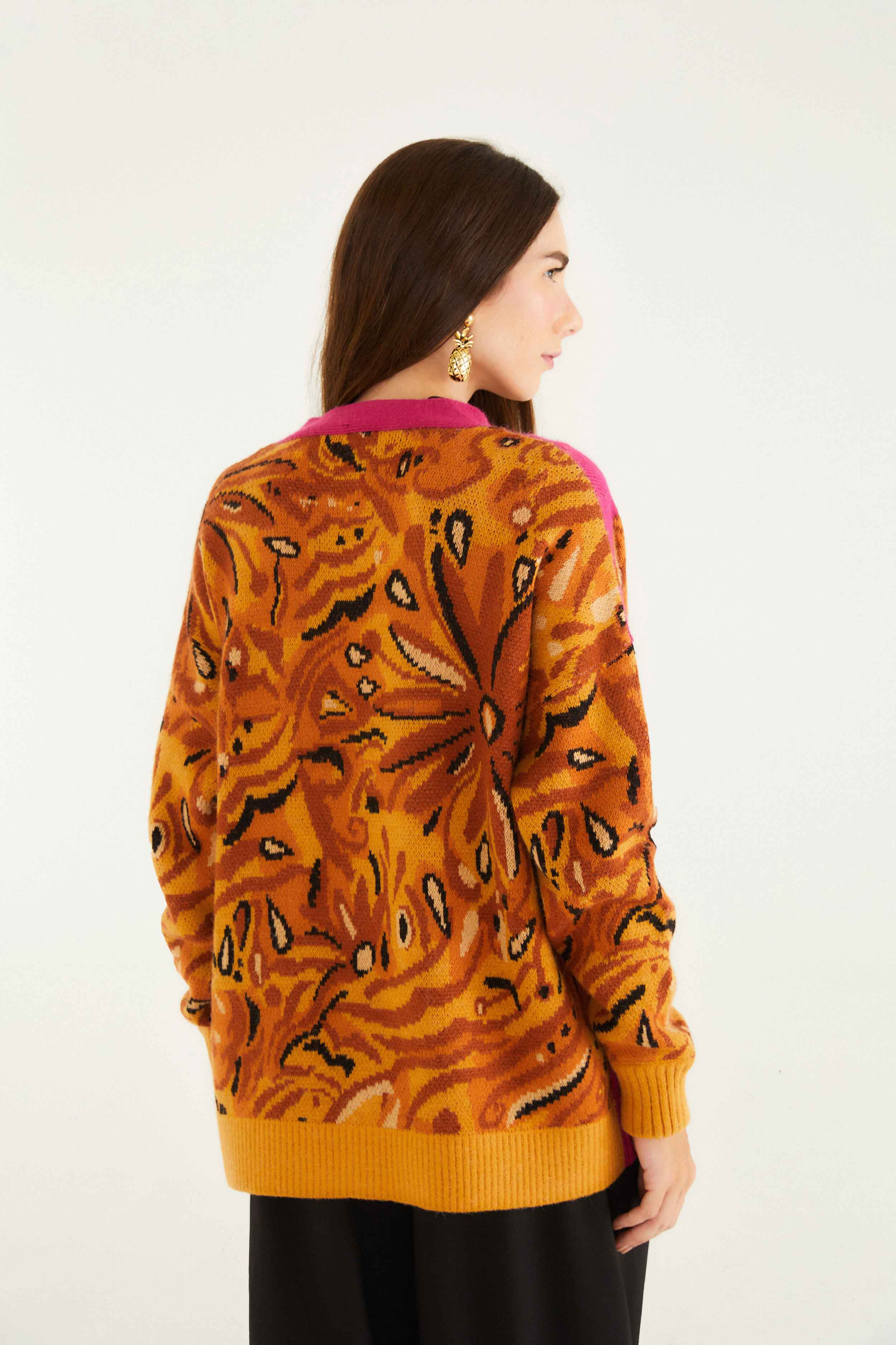 Pink Bold Tiger Buttoned Knit Cardigan - 3
