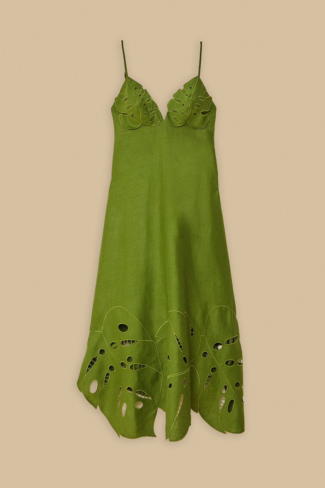 Green Monstera Embroidered Euroflax™ Premium Linen Midi Dress - 5