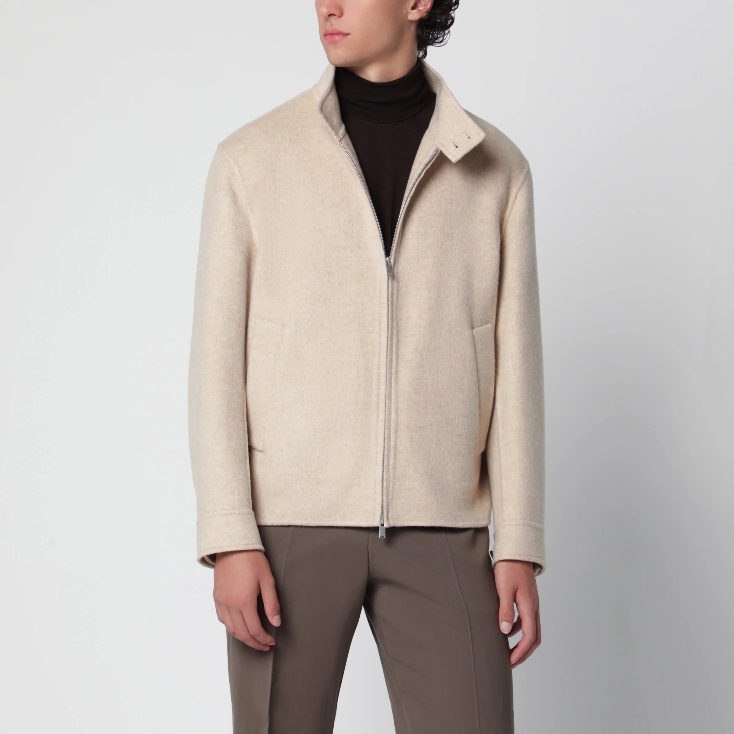 Beige zip-up jacket in wool and cashmere - 1