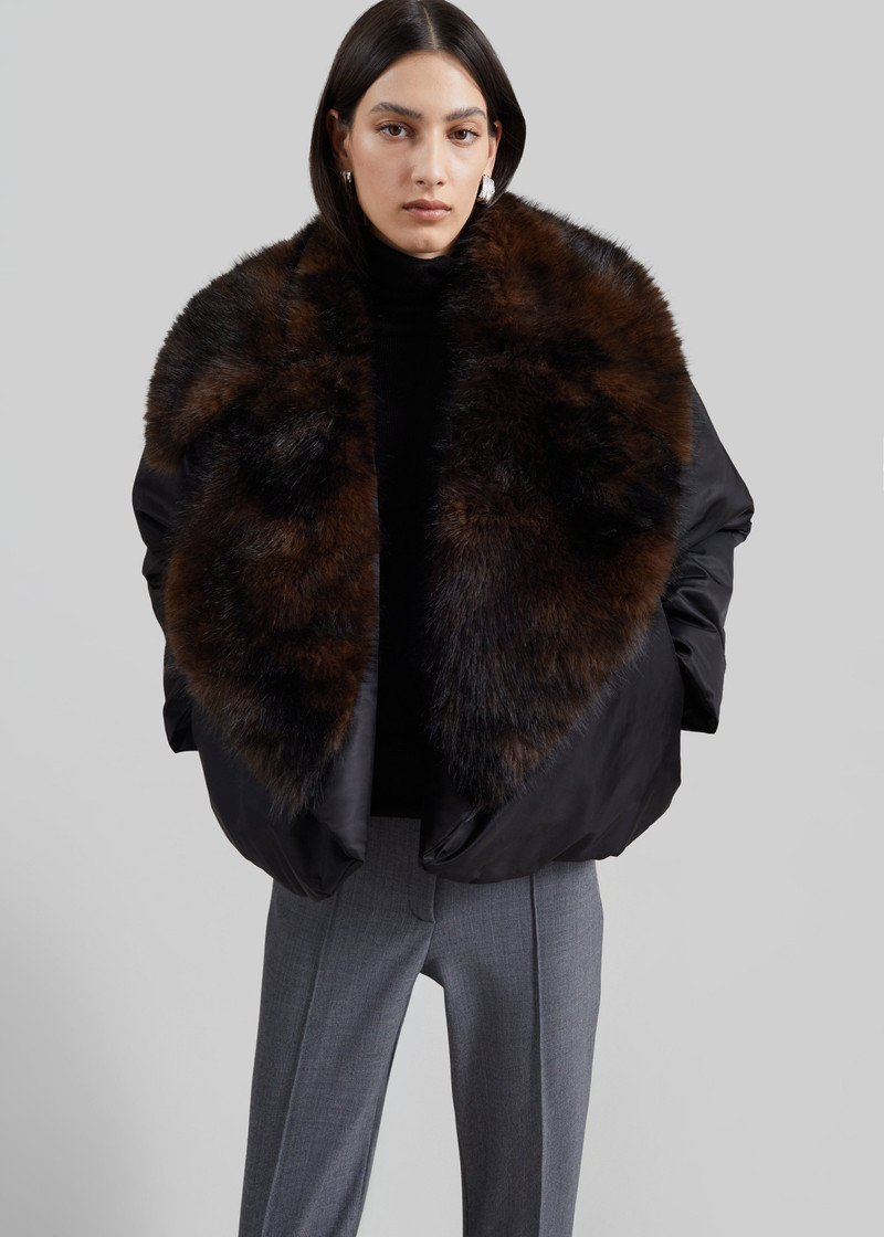 Ariella Faux Fur Notch Collar Puffer Jacket - Black/Brown 3