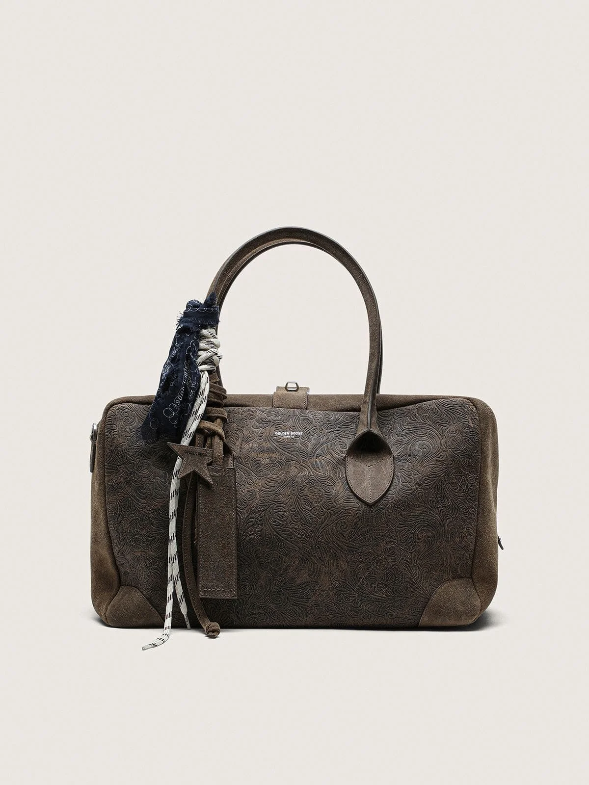 Medium Vita Bag in military-green suede with raised floral motif and silver details - 1