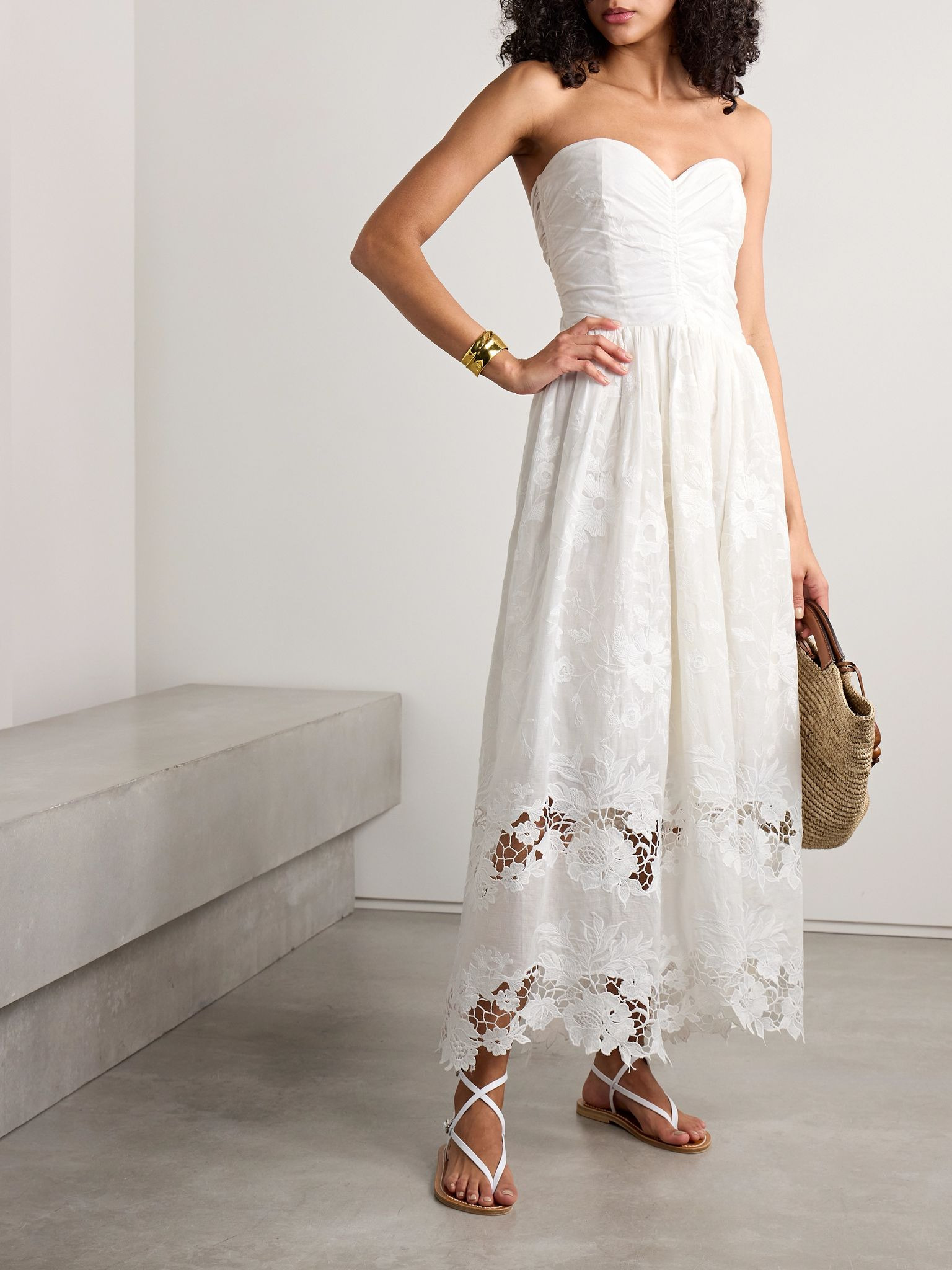 Desideria strapless guipure lace-trimmed embroidered cotton-voile midi dress White - 2