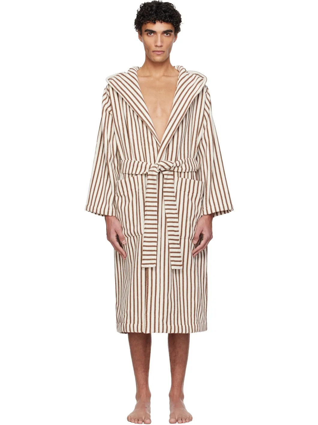Off-White & Brown Terry Hooded Bathrobe - 1