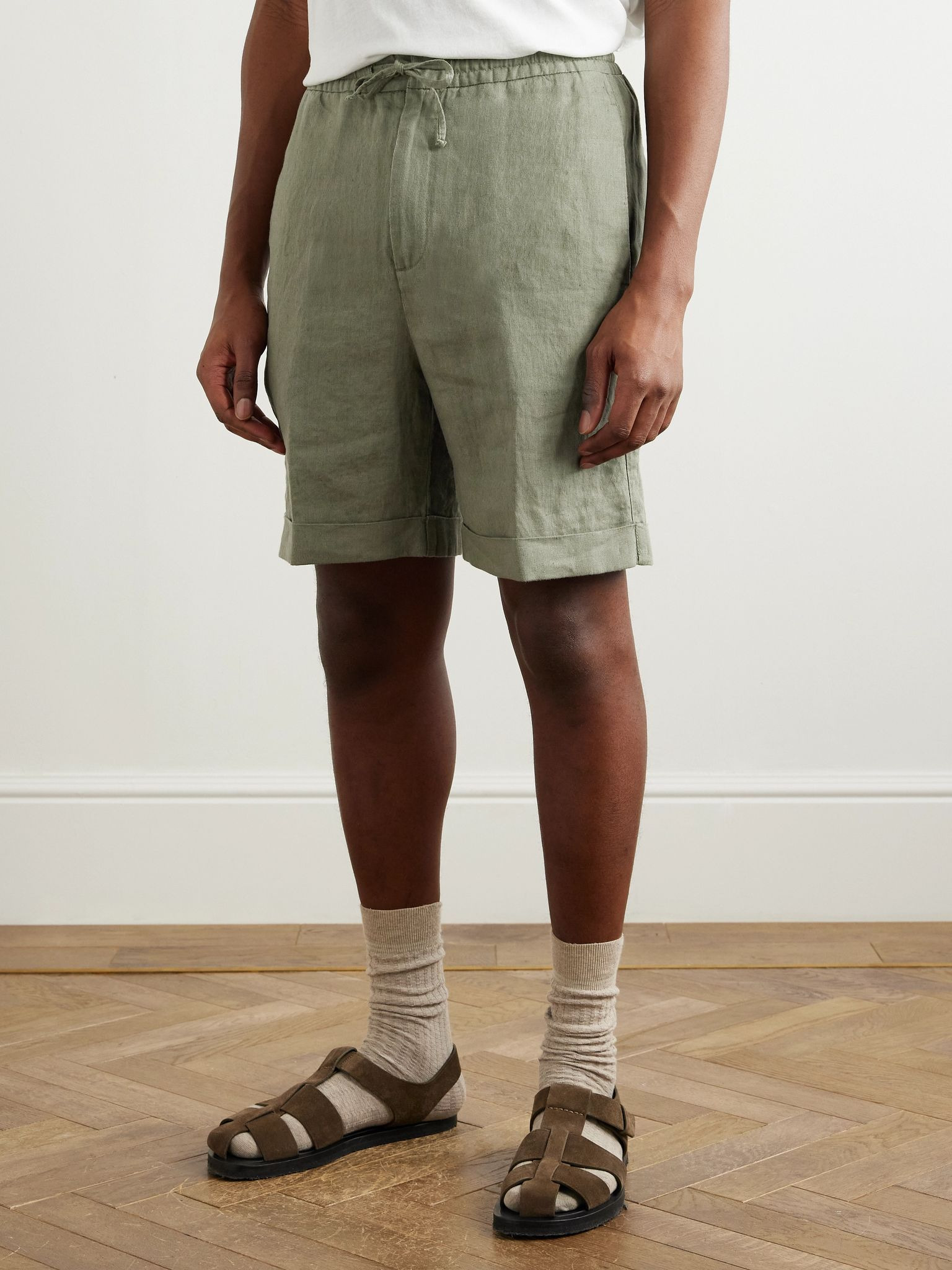 Straight-Leg Linen Drawstring Shorts Green - 3