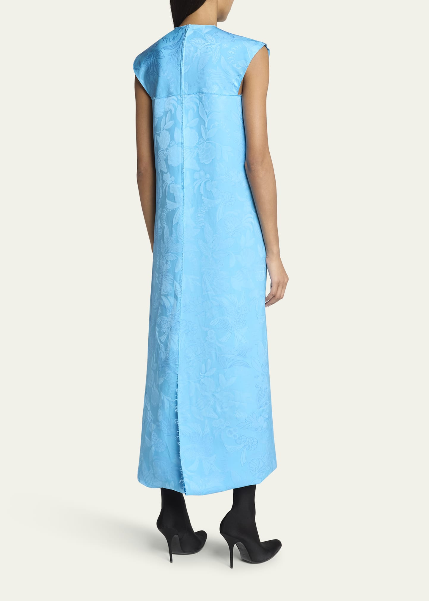 Floral Satin Jacquard Sleeveless Ankle Dress - 3